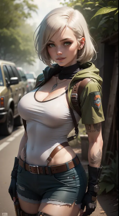 gwen tennyson,yorha 2b,lara croft,jill valentine,overwatch,tomb raider,close up,amazonian jungle ruins,tattoos,brown and orange plugsuit,white short sleeve military leotard,short sleeve military hoodie,brown cargo micro shorts,military harness,long punk ha...