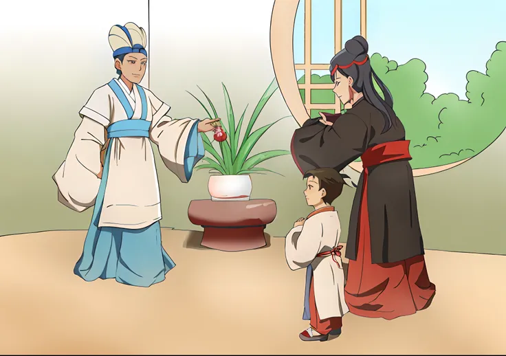 Caricature of a woman and a child standing in the room, Inspired by Chen Jiru, Wearing ancient Chinese clothes, wikipedia illustration, japanese feudal background, tea ceremony scene, wikipedia, Chinese traditional, Inspired by Dongzhou Zai Sharaku, corona...