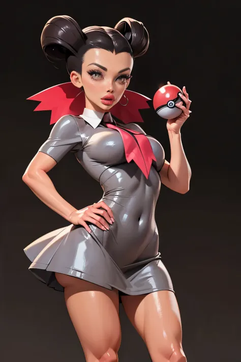 Generate an illustration of a mature Roxanne, gym leader of pokemon , (gray dress), hd, holding a pokeball  all,  (aletta ocean face), de terno preto, pink ascot, (twin ponytails),  long black hair, twin ponytail, shiny hair, (small breasts:1.2), outfit in...