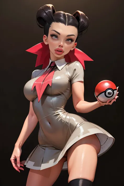 Generate an illustration of a mature Roxanne, gym leader of pokemon , (gray dress), hd, holding a pokeball  all,  (aletta ocean face), de terno preto, pink ascot, (twin ponytails),  long black hair, twin ponytail, shiny hair, (small breasts:1.2), outfit in...