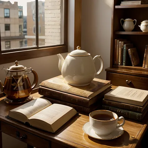 Desk with warm light, books on top, teapot and cups on desk