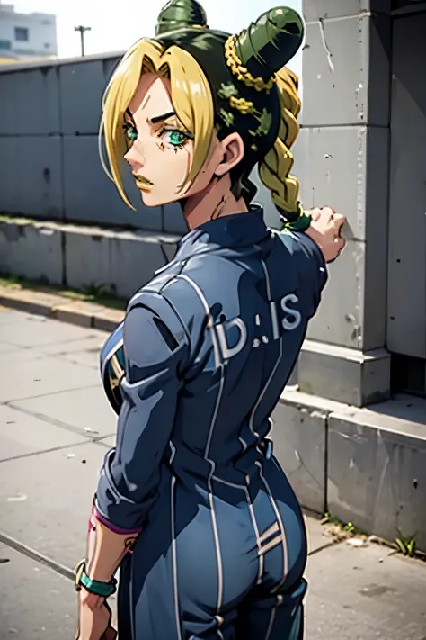 jolyne, 1girl, solo, blonde hair, black hair, jewelry, from behind, green hair, detailed, BREAK /grey prison jacket/, raining, braided ponytail, ass, looking back, green eyes,