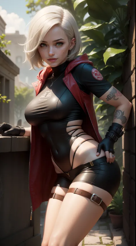 gwen tennyson,yorha 2b,lara croft,jill valentine,overwatch,tomb raider,close up, amazonian jungle ruins,tattoos,brown and orange plugsuit,white short sleeve military leotard,sleeveless military hoodie,lycra micro shorts,military harness,short punk hair,pun...