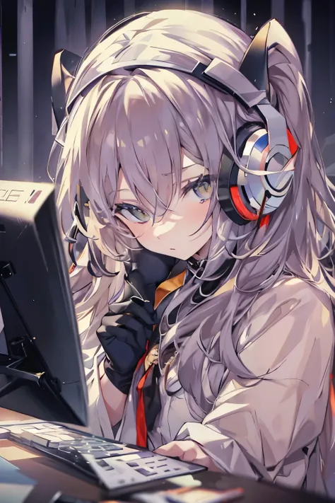 golden eyes、woman using computer with big screen、silber hair、semi-long hair、wearing cool headphones,{{{{{{{{ black parker oversi...