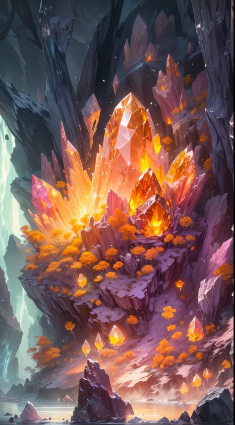 Super detailed，4K，8K，high resolution，masterpiece。In the center of the picture is a mysterious underground crystal cave，There is a cluster of huge citrine crystals growing inside the cave.，These crystals grow from the ground，forming a charming scene。The pic...