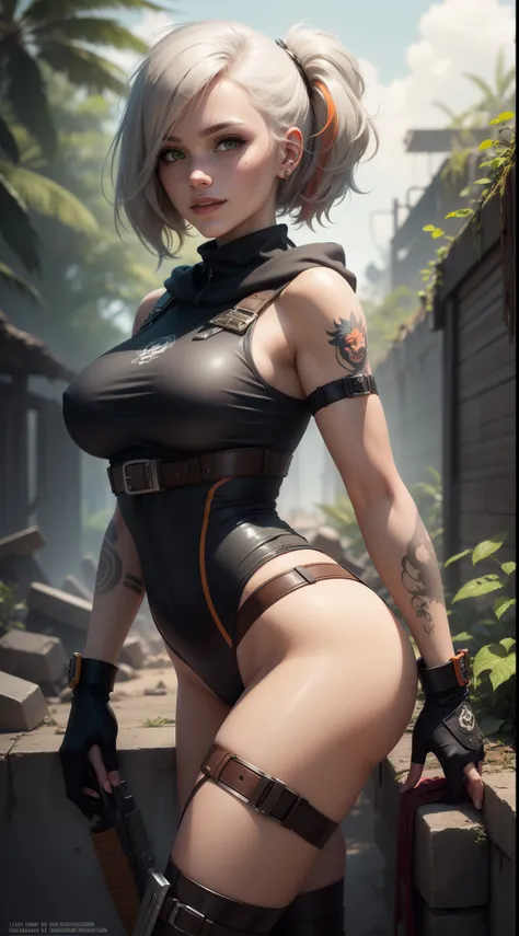 gwen tennyson,yorha 2b,lara croft,jill valentine,overwatch,tomb raider,close up, amazonian jungle ruins,tattoos,brown and orange plugsuit,white short sleeve military leotard,sleeveless military hoodie,military micro shorts,military harness,short punk hair,...