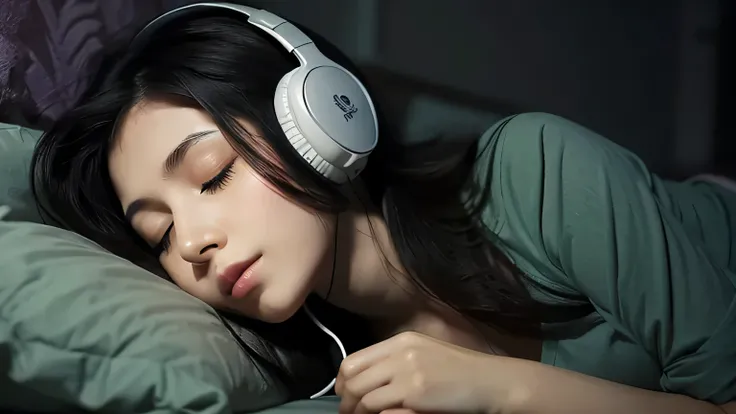 Illustration photo, details of a beautiful girl sleeping soundly on the bed in her bedroom, she is wearing headphones, dark colors and dark style.