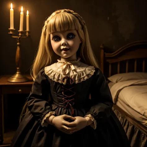 Create an image of a sinister haunted doll that has an unsettling and frightening appearance. The dolls face should be pale, with a sheen like aged porcelain, but with deliberate imperfections: subtle cracks, especially around the eye area, to convey a sen...