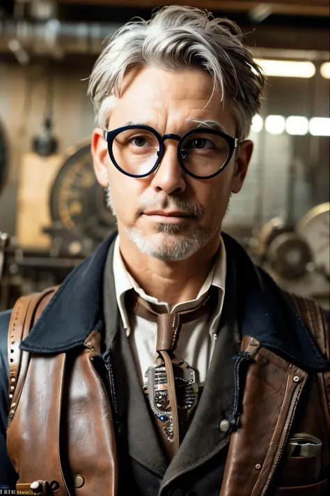 steampunk,1 man,gray hair,eyeglasses,American,mechanic,