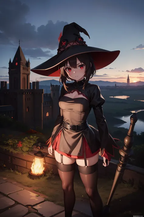 A depiction of Megumin with intense red eyes, short brown hair, wearing a witch hat, and dressed in the iconic attire of 2B from the game Nier: Automata. Place her in a castle landscape to add a magical and mysterious touch to the scene.