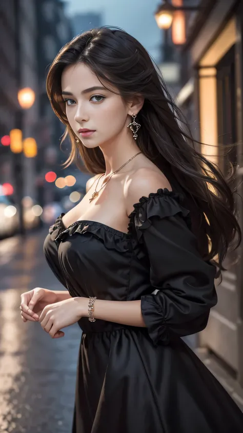 (Masterpiece, best quality, best detail, photorealistic, award winning photography :1.5), A beautiful European female youth, pretty girl, model, ig idol, delicate face, (big breasts), (slim body:1.2), beautiful eyes, no make-up, straight hairs. Wearing bla...