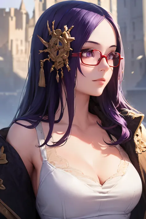 1girl, ((best quality)), ((masterpiece)), ((realistic)), (detailed), (perfect face), (Rize Kamishiro), bright purple hair, (forehead cover with bangs), bangs pointing to left side, red glasses, beautiful face, purple eyes, white long dress, elegant poses, ...