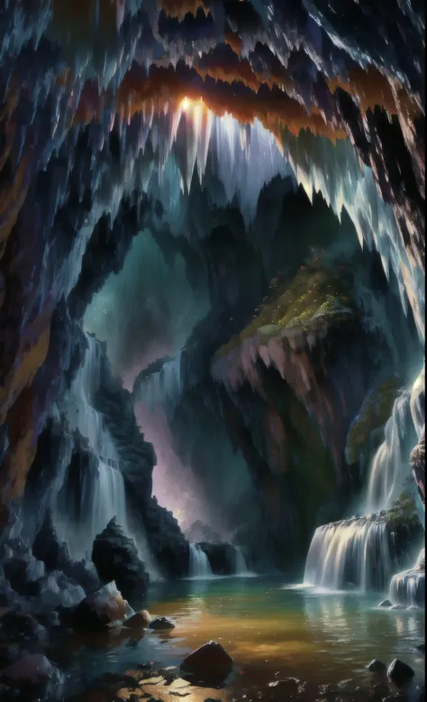 An underground world filled with various fruits，Waterfall pours from the top of the cave，Soft light illuminates the surroundings，The whole picture exudes a warm atmosphere with warm colors。