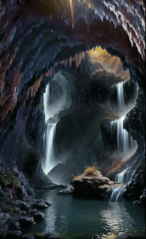 An underground world filled with various fruits，Waterfall pours from the top of the cave，Soft light illuminates the surroundings，The whole picture exudes a warm atmosphere with warm colors。