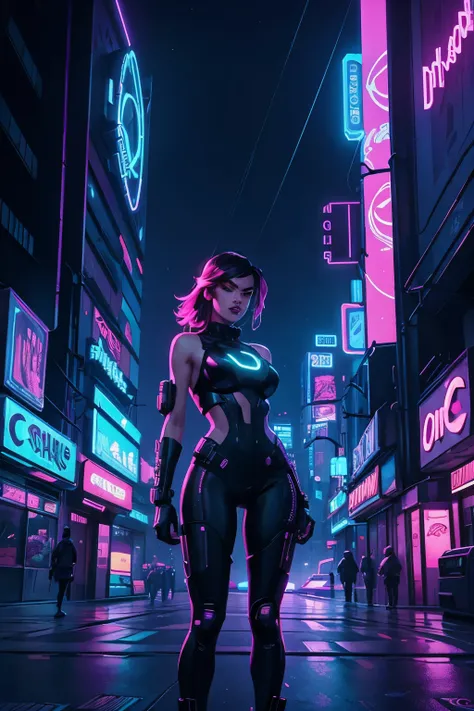 cyberpunk futuristic city, neon light cityscape, synthwave, sexy woman, night