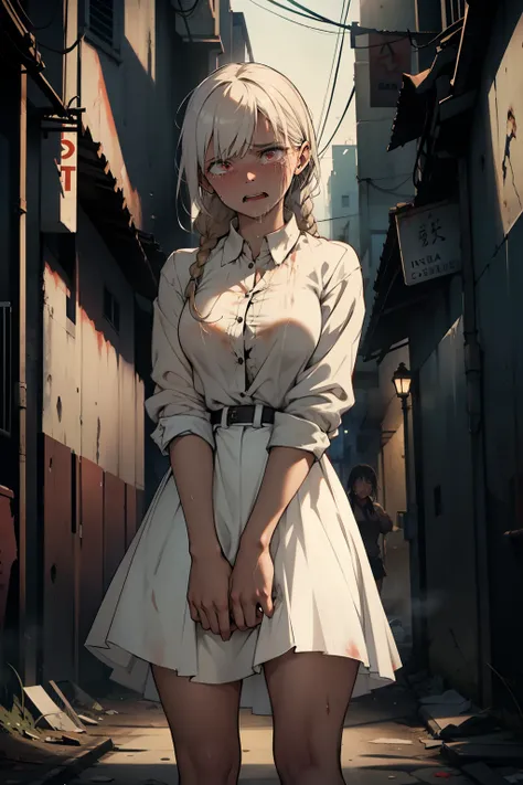 NSFW, Mans cold gaze, Girl in white blouse and tight skirt, Sobbing, Dread, Vulnerable, Fearful, Helpless, Bruised, Torn clothing, Bloodstains, Dark alley, Abandoned building, Desolate, Unsafe, Late at night, Silent, Flickering streetlights, Sudden grabbin...