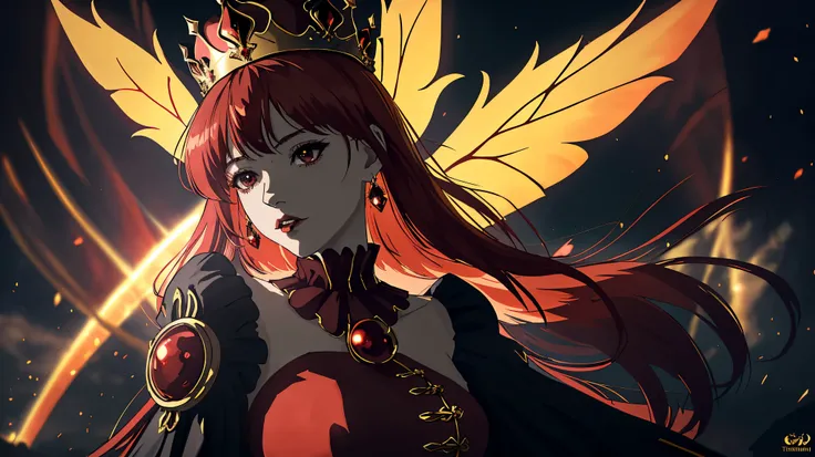 8K resolution，highest quality，Ultra-clear details，Queen，goth style，red hair，Epic composition，Light and dark，masterpiece，grace，Fairy temperament，Shocked，high contrast,untidy:1.4，,crown