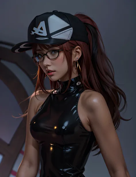 anime girl with glasses and a cotton baseball cap, rendered in sfm, female protagonist 👀 :8, asuka suit under clothes!, character close up, close up character, hints of yayoi kasuma, character close-up, asuka, wearing shiny leather, close up half body shot...