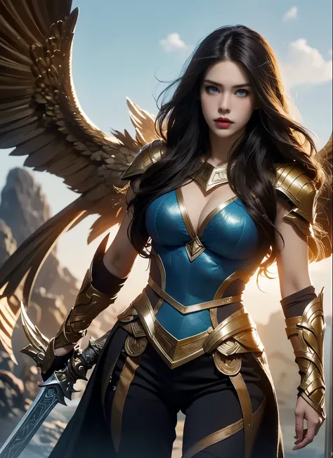 Alison Tyler as a Asgard valkyrie，blue eyes, long brown hair, perfect body, Senhora Cavaleiro，Anatomia correta，holding a magical big sword, epic fantasy digital art, masterpiece，8k，high-definition resolution，desenho detalhado，Qualidade Superior，, Epic comp...