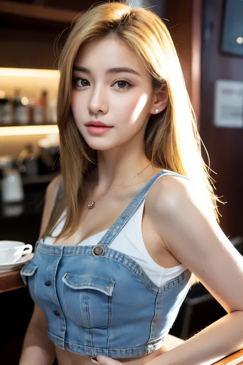 （Realistic， High resolution：1.3）， 1 Girl with perfect body， very detailed face and eyes，white long hair， random color tank top：1.2， short jeans pants， at the cafe， coffee on the table， huge tit，Coat vest，