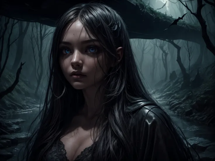 a girl lost in an underground maze,details of beautiful eyes,beautiful detailed lips,longeyelashes,skull,bats,a river flowing underground,illustration,highres,ultra-detailed,photorealistic,dark atmosphere,gloomy lighting,stone textures,mysterious shadows,s...