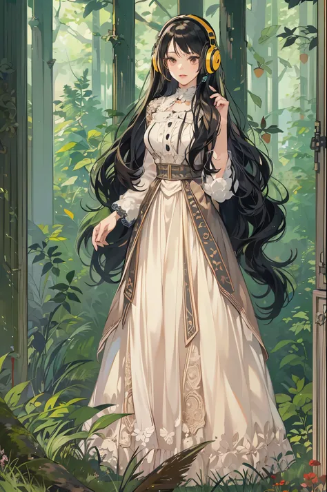 (absurdres, highres, ultra detailed, realistic, ), 1 18year-old，girl, solo, elegance， long black hair, ,short dress,brown eyes, (headphone)，forest background, ultra - detailed, best quality, Detailed diagram, vectorized, 8K,  Graphic design, vector lines, ...