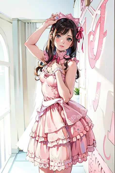 there is a woman in a pink dress posing for a picture, Belle Delphine, magical lolita girl portrait, lolita style, lolita fashion,  in dress, frilled costume, cute core, anime girl cosplay, Cute as an angel, magical girl style, , cosplay of a catboy! maid!...