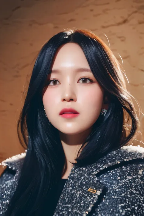 (a picture of Mina, winter coat, black hair, snow, outside, face crop), (detailed lighting, extremely detailed skin, extremely detailed hair, shadows, 8k), looking at viewer, (High Key Lighting), masterpiece, top quality, best quality, official art, unity ...