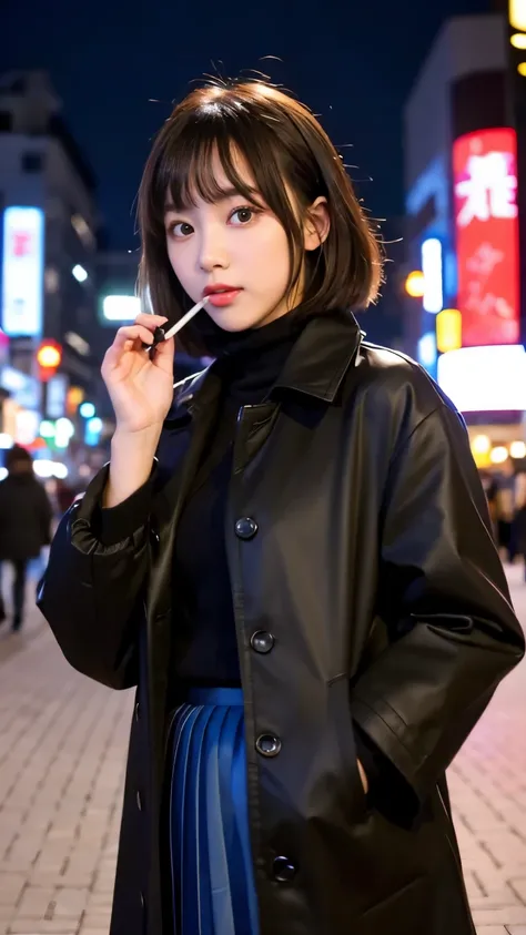 Best-quality, Masterpiece, Ultra-High-Resolution, (Photorealistic:1.4), Raw-Photo, Late at night, In the middle of winter, At Hiroshimas entertainment distric, 1girl, 15-year-old girl, the most famous Japanese idol, smoking a cigarette, wearing expensive-c...