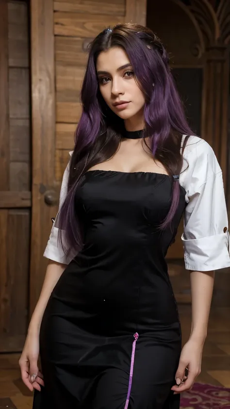 Mulher bonita, mulher jovem, 25 anos, Cabelo absurdamente longos, cabelo pintado todo de roxo, com um vestido longo de cor preto, roupa de casamento preto, fundo de uma vila, tempo chuvoso, apaixonada, realista.