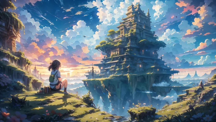 shinkai Mokoto and Ghibli anime style, from behind,above the cloud,a girl in adventure outfit sitting on a mossy stage looking at the majestic lost city and the giant world tree next to it, lost city above the cloud and towering sky, magical glowing partic...