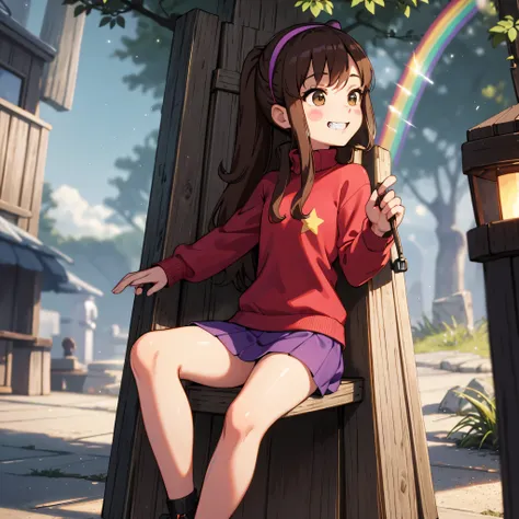 day, mabel pines ,sitting,anime style,masterpiece,best quality,mabel,1girl, wallpaper, landscape,  depth of field, night, light ...