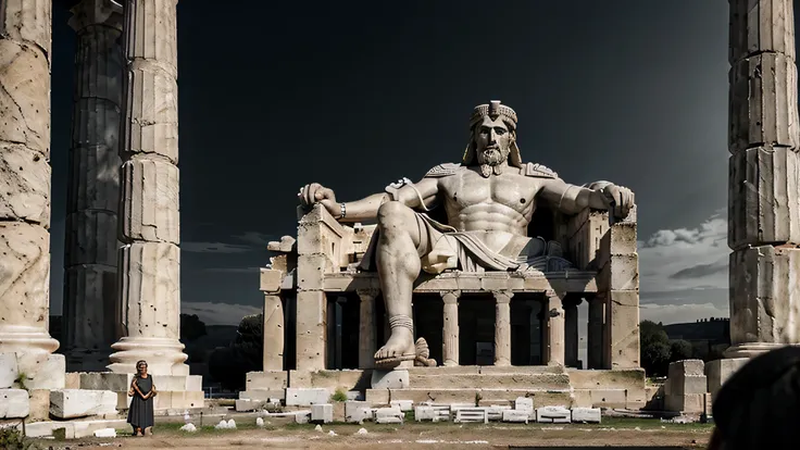 A dark landscape image of an ancient Greek society deeply connected to stoicism, black and white, ancient Greek architecture, include one single big statue of a stereotypical strong Greek man, Marcus Aurelius