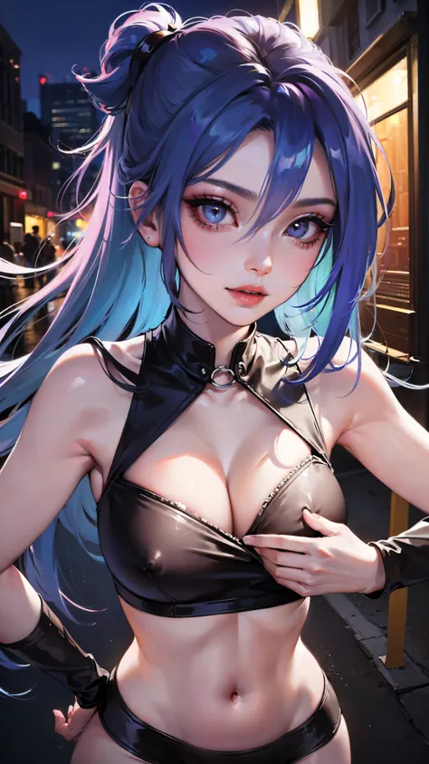 Jinx, Fleshy thighs, Instagram pose，Dynamic angle, ((Sleeveless shirt，Sleeveless)), ((Nipples, C cup)), Happy expression, (entire body image:1.5), (8K, Best quality, A high resolution:1.35), (RAW photo:1.2), (Photorealistic:1.37), (Masterpiece: 1.25), Dram...