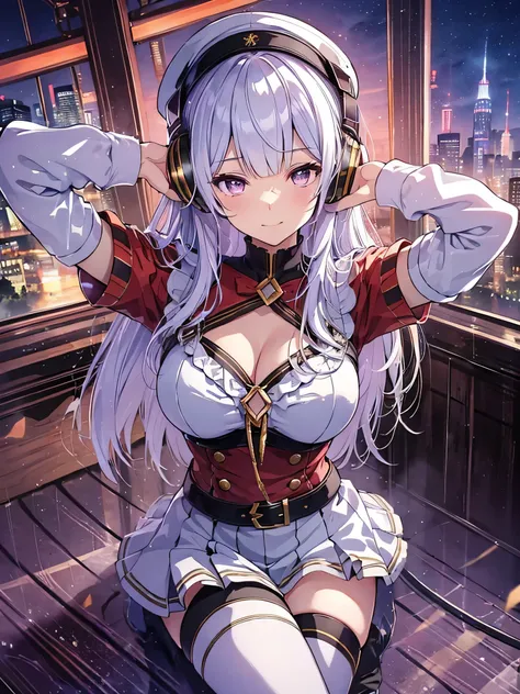 highest quality、whole body、Slender beauty、Gold Ship、1 girl ,((vibrant purple eyes)))、straight hair、keep bangs the same length、Patsun、bob hair、(((gray hair color)))、red boater hat、(((sleevelessの赤いドレス)))、sleeveless、beautiful big breasts、sit on top,highest qu...