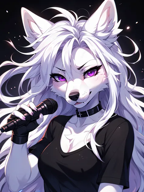 by fumiko, by hyattlen, by hioshiru, an all while female wolf, white wolf ears, cute snout, black nose, purple eyes, long white ...