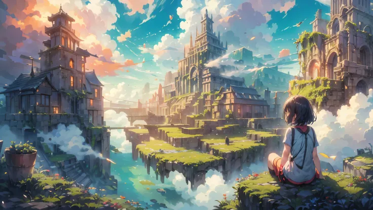 shinkai Mokoto and Ghibli anime style, from behind,above the cloud,a girl in adventure outfit sitting on a mossy stage looking at the majestic lost city and the giant world tree next to it, lost city above the cloud and towering sky, magical glowing partic...