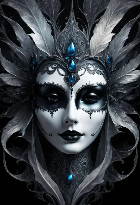 highest quality, digital painting, extremely Smooth, fluids, dream-like, Smooth, Sparkling, dream-like glow, Stylized color ink art by Anna Dittmann, Arthur Rackham, Wet black and white color inks line art dream-like feminine face mask, death mask, upper h...