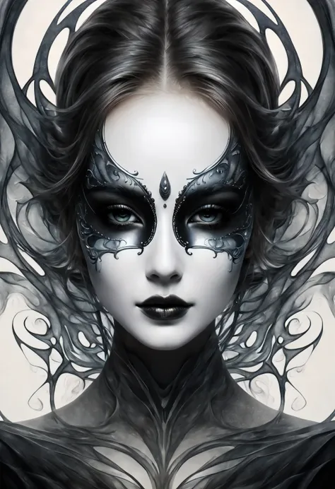 highest quality, digital painting, extremely Smooth, fluids, dream-like, Smooth, Sparkling, dream-like glow, Stylized color ink art by Anna Dittmann, Arthur Rackham, Wet black and white color inks line art dream-like feminine face mask, death mask, upper h...