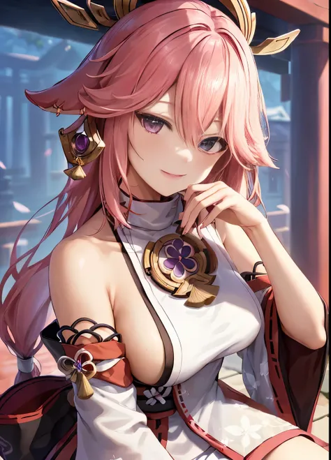 yae miko, removed sleeve, bare shoulders, pink hair, long hair, kimono, highest quality, (paint:1.5), (hair ornaments:1.35), jewelry, violet you, D-loop&#39;Oreille, chest, torii, cherry blossoms, lanthanum, Depth of bounds written, facial details, focus o...