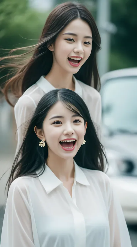 （8K, RAW photo, Best quality）1girll, Lovely face, The mouth opens slightly，having fun，Jet-black hair,Delicate hair accessories,White color blouse，Fun action，temperament， Flower shop, Outdoors,Rainy sky，Background bokeh，Focalors，filmgrain,