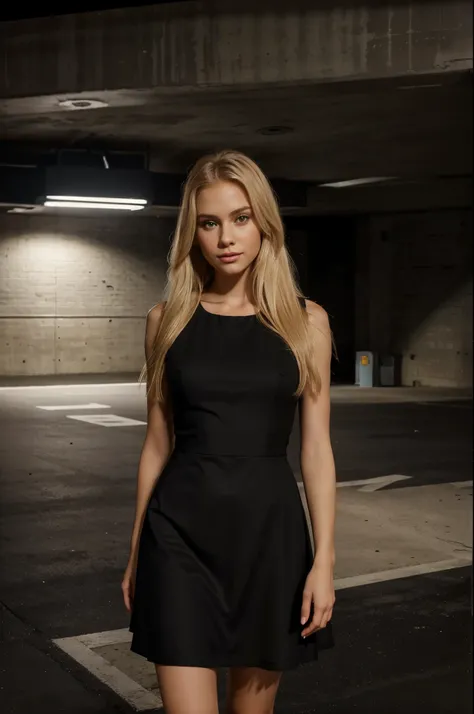 (american girl) (skinny) (realistic) (pure blonde hair) (photo realism) (beautiful) (instagram picture) (nighttime) (80 mm) (black dress) (luxury modern malibu apartment inside parking garage 2nd floor) (elegant black dress)