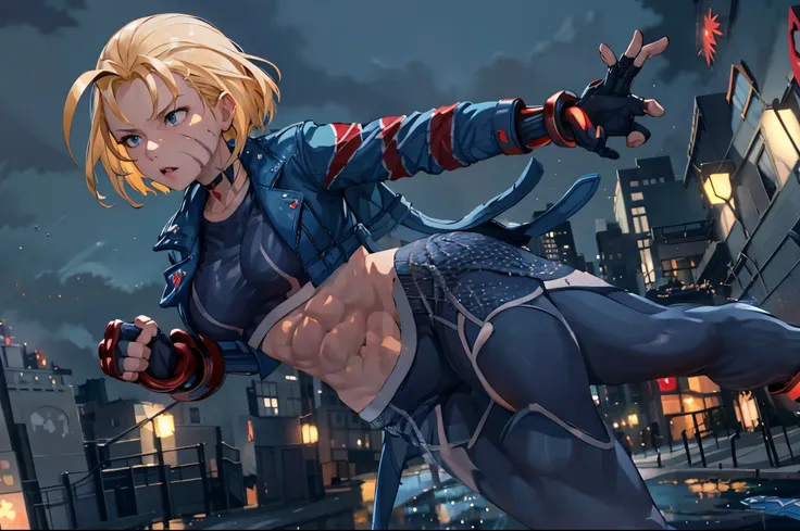 cammy sf, pants, pants, jacket, often play sports, short hair, highest quality, masterpiece, high resolution,view audience,glare...