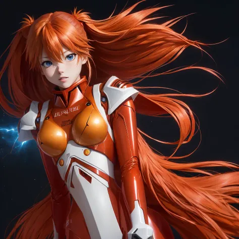 (asuka langley soryu:1.1, luz fuerte, colores vibrantes), traje blindado, (rostro perfectamente detallado: 1.1, sorprendentemente hermoso, ojos azules penetrantes: 1.1, deliciosos labios rojos: 1.1),