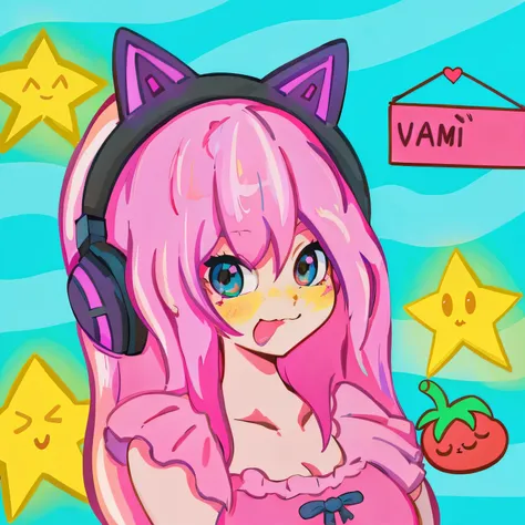 Chica anime con cabello rosado y auriculares sosteniendo una fresa., en estilo anime, en un estilo anime, anime art style, in the art style of 80s anime, estilo de arte anime, ruan lindo vtuber, chica gata anime, anime art style moe, cute chica gata anime,...