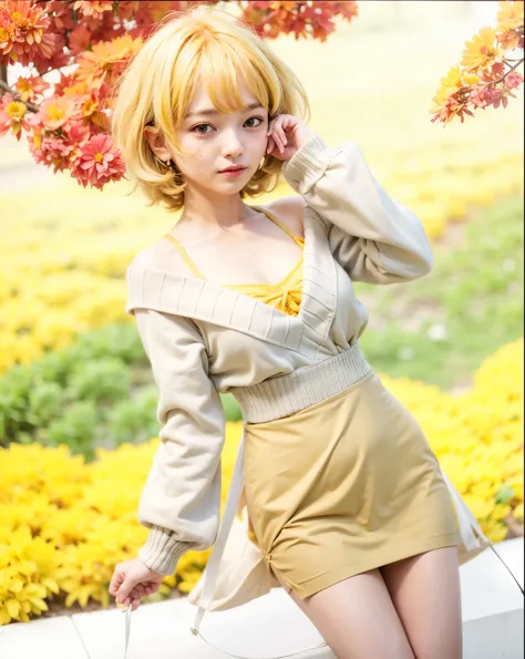 Mami Nanami, kanojo okarishimasu, woman, middle age, yellow tank top inner, cream sweater outer, yellow skirt with flower motives, yellow short hair