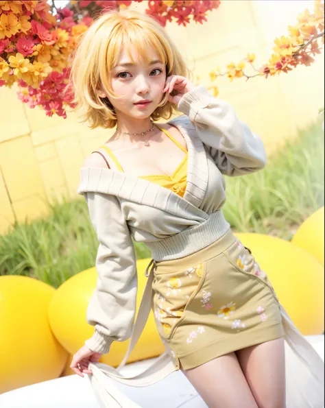 Mami Nanami, kanojo okarishimasu, woman, middle age, yellow tank top inner, cream sweater outer, yellow skirt with flower motives, yellow short hair, big 