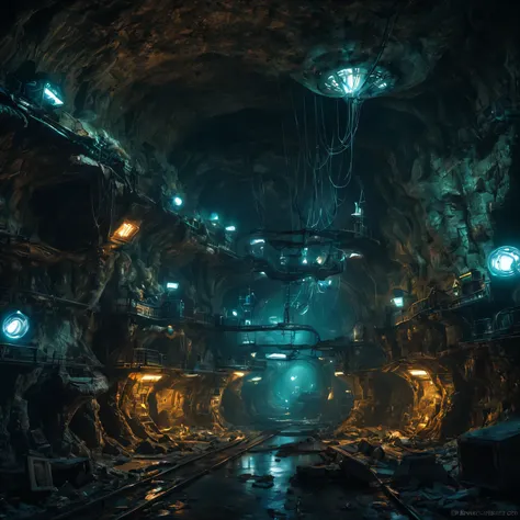 underground place, deep underground in a huge cave stands a high-tech city of another civilization.., neon lights and lighting, ...