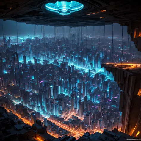 underground place, Deep underground in a huge cave stands a high-tech city of another civilization.., neon lights and lighting, luminous cables and light guides, robots and high tech alien technology are visible, flying cars hover over the city, combinatio...