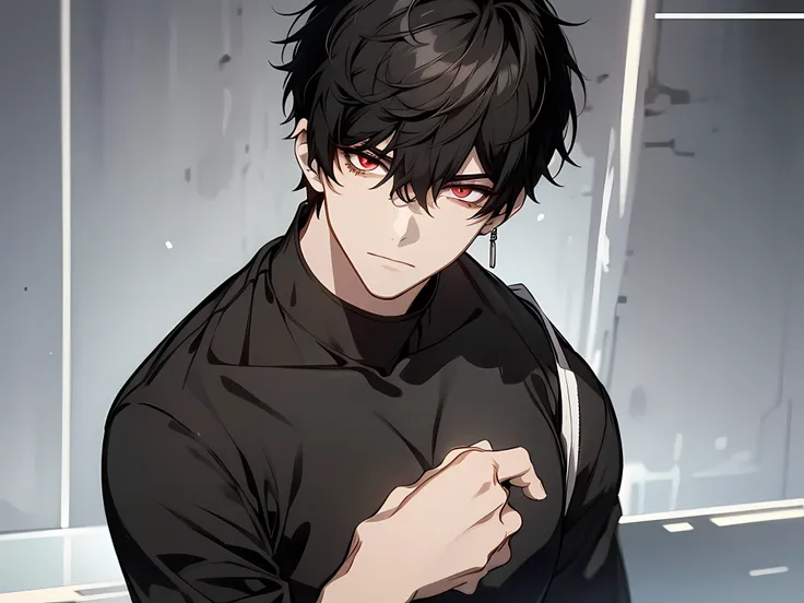 1 man, black hair, short hair, wearing black tshirt, red eyes color, face to detail, detailed eyes, full body illustration